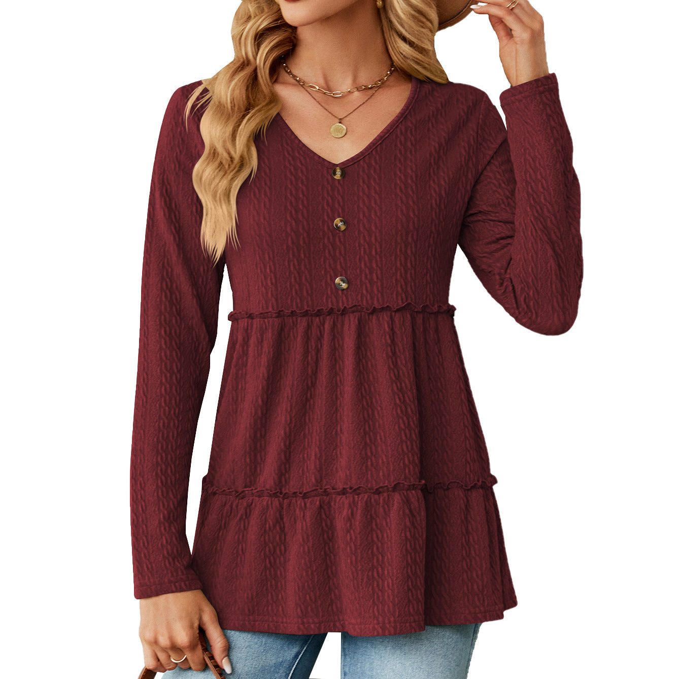 Wholesale Autumn and Winter V-neck Solid Color Button Stitching Long-sleeved Loose Top